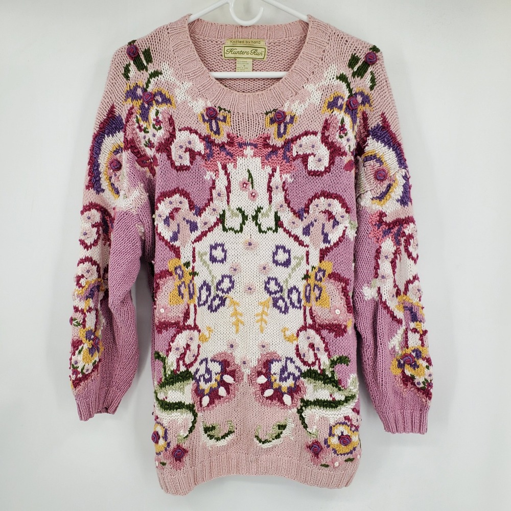Vintage Hunters Run Hand Knit Floral Sweater Pink Beaded Embroidery M Grandma